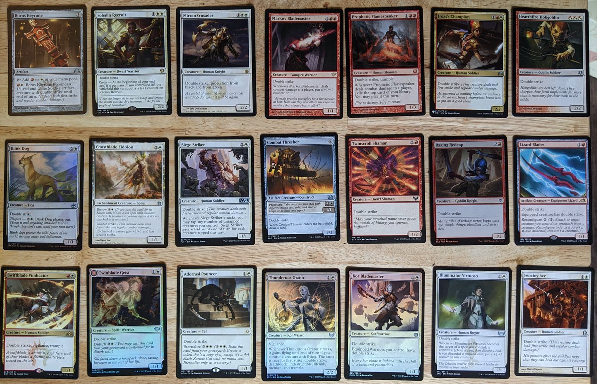 theDeck's tweet photo. I keep adding to The Cheap Double Strikers pile and I have no idea what it's going to turn into. Amber + Noble for pump and card draw? Stax? I wish Queen Kayla could get back things that weren't "discarded this way." https://t.co/C4XiOh78U1