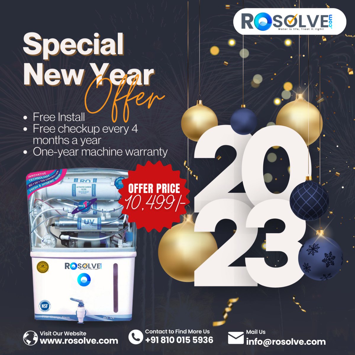 ro_solve's tweet photo. Happy New Year !! 🎇
A special offer awaits you! Take a pledge to drink clean water.
Visit us at https://t.co/hkRTrE1To7
We are also reachable over call & WhatsApp on +91 81001 55936
#rosolve #newyear #newyear2023 #waterpurifier #cleaningservice #cleanwater #ROWaterPurifier #UV https://t.co/P4gDcBzfBT