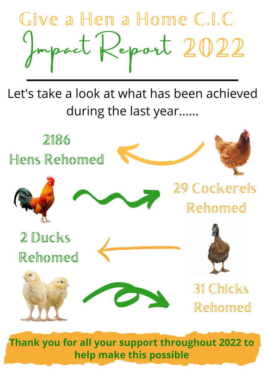 Almost forgetting to share our impact report for 2022. Again a strange year with Avian influenza lockdowns.

A little snapshot of the lives we have helped in the past year.

Our running total of farm hens rescued and rehomed to date is 16474

#savehens  #rescue
