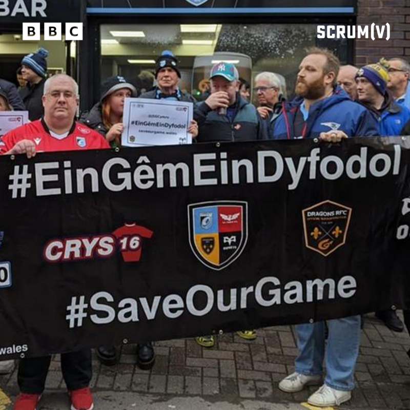 BBCScrumV's tweet photo. Supporters from all four Welsh regions united at a United Rugby Championship derby to protest to the Welsh Rugby Union at the state of the game 🏉 

#BBCRugby