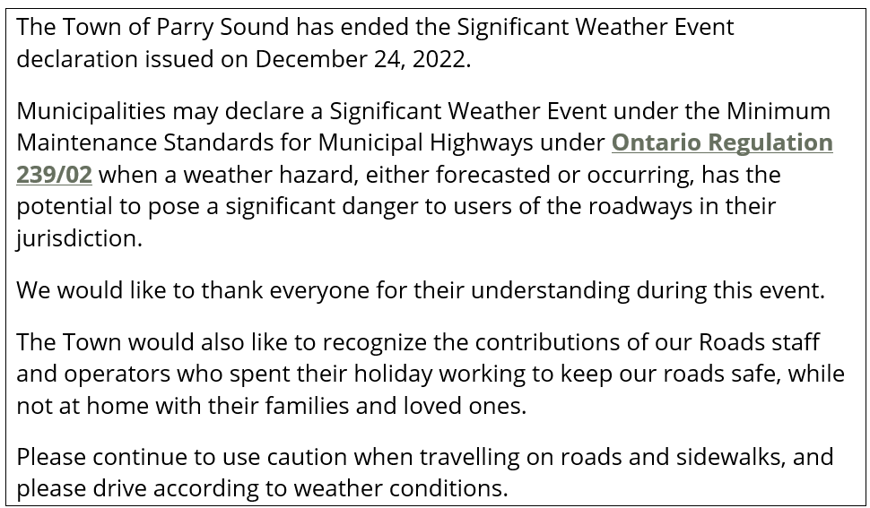 Significant Weather Event declaration ended