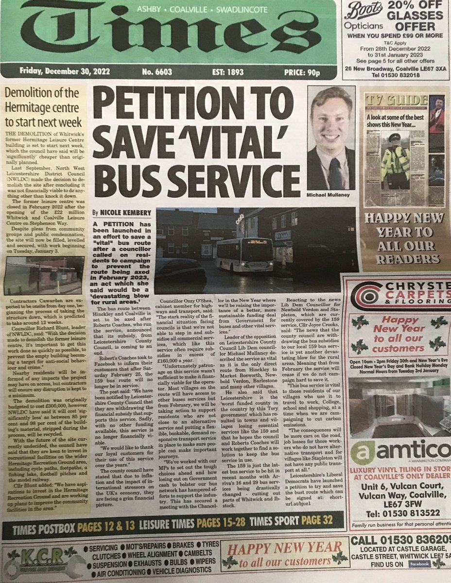 miketmullaney's tweet image. Coverage in this week’s Coalville Times of the campaign to save the 159 Bus service. The bus is the only direct service between Hinckley &amp;amp;  Coalville &amp;amp; serves many local villages including #Barlestone #Stapleton #Barwell #Nailstone Market Bosworth &amp;amp; Newbold Verdon