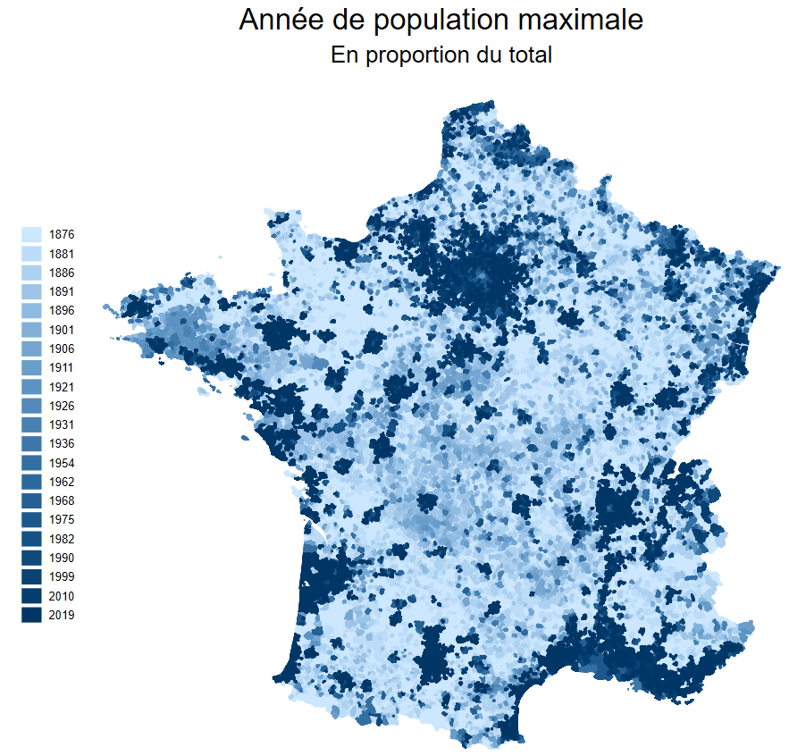 J'ai vu passer une carte intéressante aux US sur la démographie locale, alors voici la même idée en France : quand est ce que chaque commune a connu son pic de population (relativement à la pop totale). Donnée de <a href="/InseeFr/">Insee</a> 
Code : github.com/Antoberge/mapc…