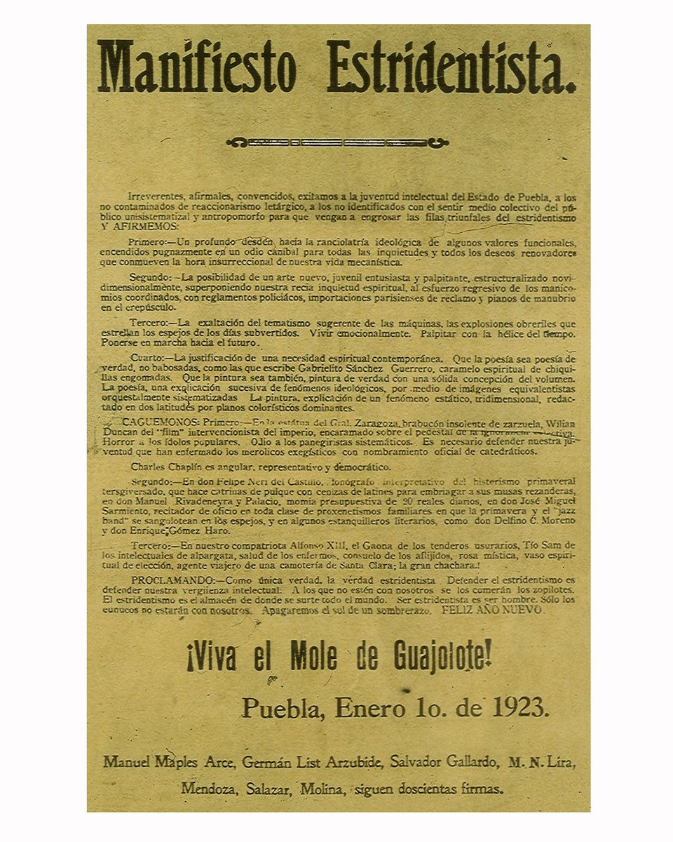 “¡Viva el mole de guajolote!” 🦃

Hace 100 años se emitió el segundo manifiesto estridentista. La proclama concluía con un irónico grito de afirmación nacional para recibir el nuevo año de 1923.
•
Registro ID 📌 737580 bit.ly/3FJZMqQ