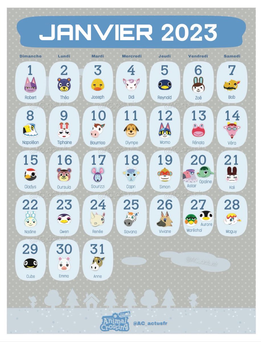 ⊱ JANVIER 2023 ⊰

Calendrier des habitants qui fêtent leur anniversaire au mois de janvier 🎉!

#AnimalCrossingNewHorizons #ACNH #AnimalCrossing #ACNHEntraide