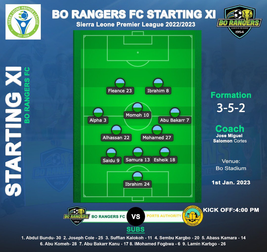 Our Starting XI 
Bo Rangers Vs Ports Authority 
#borangersfc #TheElephants #champions
