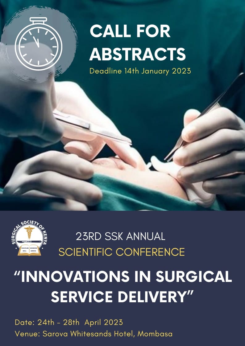 KenyaSurgical's tweet photo. 14 days to go!
Share your work with the surgery community at the 23rd SSK Annual Scientific Conference.Follow this link to submit your abstract https://t.co/Titio9bMM0 #SSKConf2023 #Call4abstracts https://t.co/3jIy01tTyJ