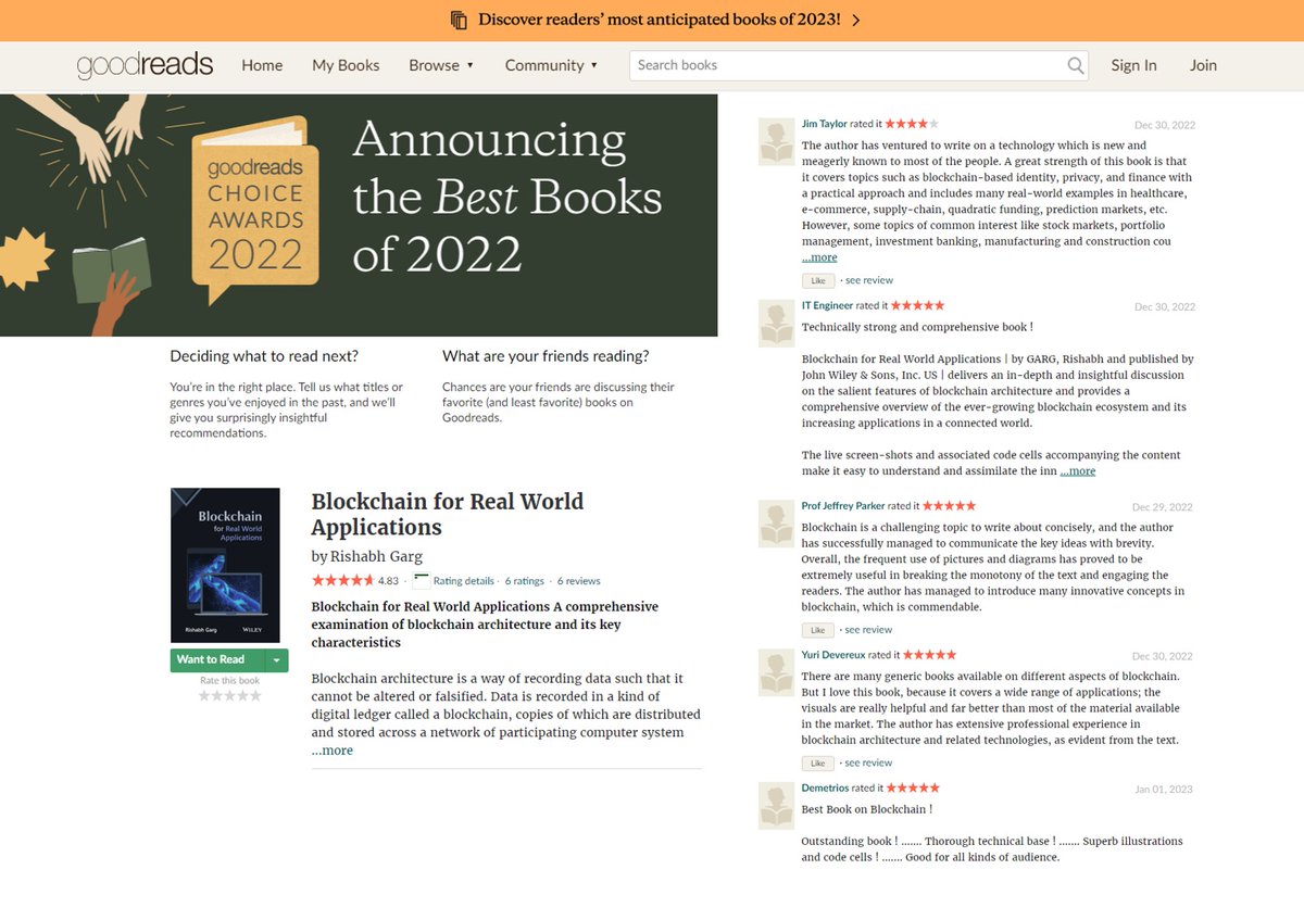 01 January 2023
Blockchain for Real World Applications

Received great response on Goodreads thru' reviews 'n' ratings for my book, Blockchain for Real World Applications. Thanks for the kind words of my readers. I'm grateful for their time and response.

goodreads.com/book/show/6308…