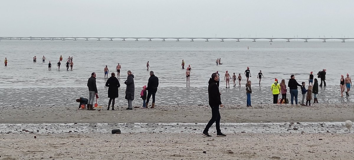 Bij de Nieuwjaarsduik bij het strandje van Ouwerkerk trotseerden zo'n 40 mensen het frisse zeewater.