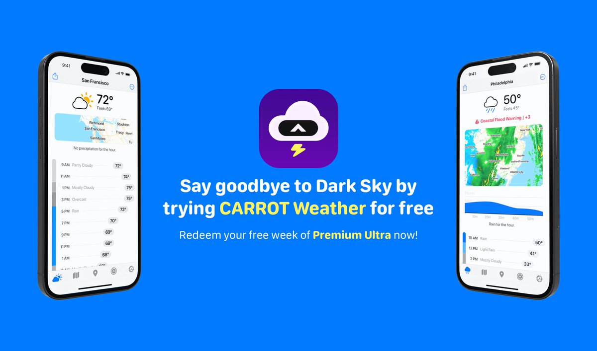 The Dark Sky app is dead, meatbags! But the good news is, I’ll let you keep all of Dark Sky’s features: the familiar vertical interface, the rain alerts, the weather time machine, plus other goodies. Try my Premium Ultra membership free for an entire week! apps.apple.com/app/apple-stor…