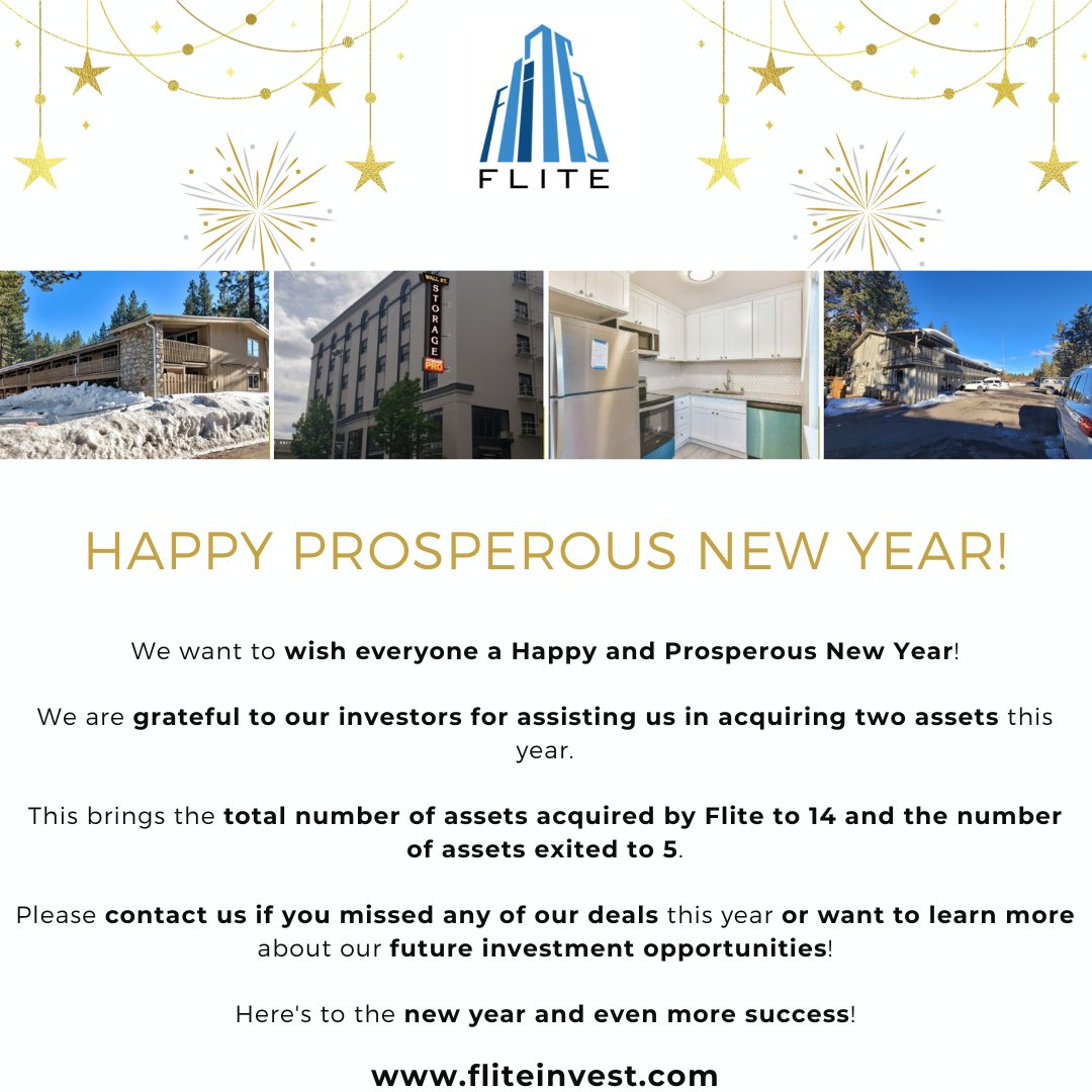 FliteInvest's tweet photo. Happy and Prosperous New Year from Flite!

We are grateful to our investors for assisting us in acquiring two assets this year.

This brings the total number of assets acquired by Flite to 14 and the number of assets exited to 5.

Here's to the new year and even more success! https://t.co/0S9PXgaRGt