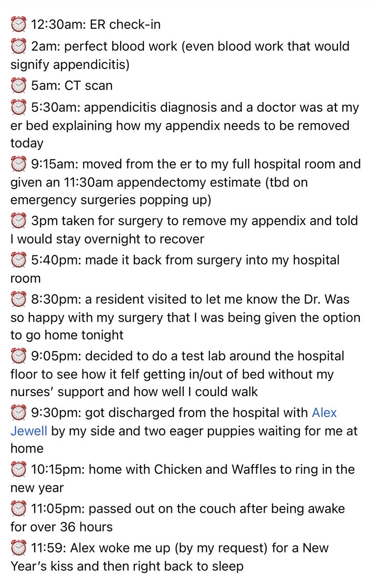 It’s an appendix-free 2023 🥳

Spent my NYE checking into the ER at 12:30am, getting diagnosed with appendicitis, having my appendix removed, and making it home before the ball drop 🤯

Thankful for the amazing team at <a href="/NorthwesternMed/">Northwestern Medicine</a>, <a href="/bestfoodalex/">Alex Jewell 🧢</a>, and my puppies 💛