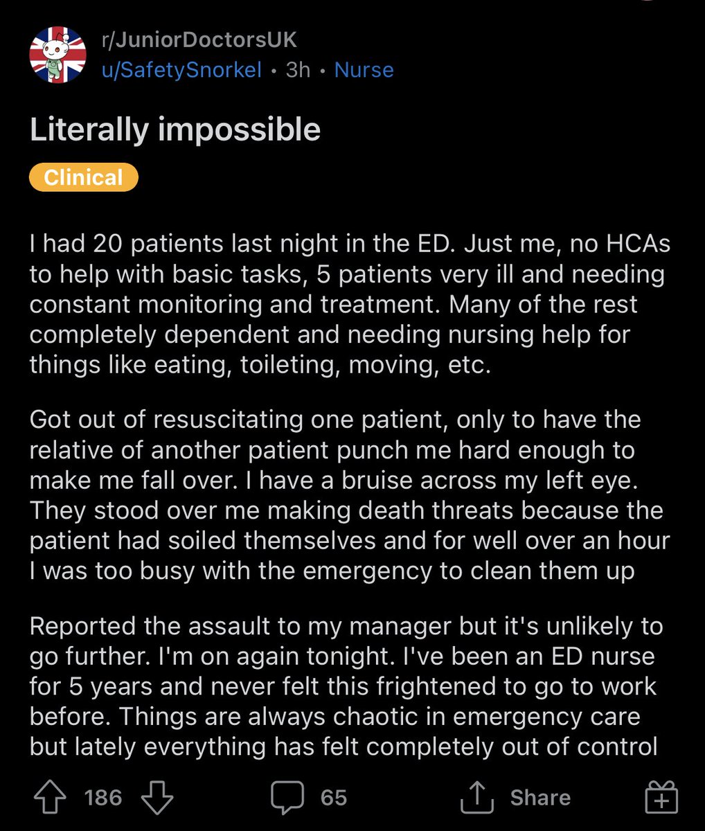 This is your NHS. This is what staff are experiencing on the daily. You have highly educated, desperately in need staff on 20-odd K, and you only have to pick a random one out to find out why we are haemorrhaging them. Heart goes out to this ED nurse.