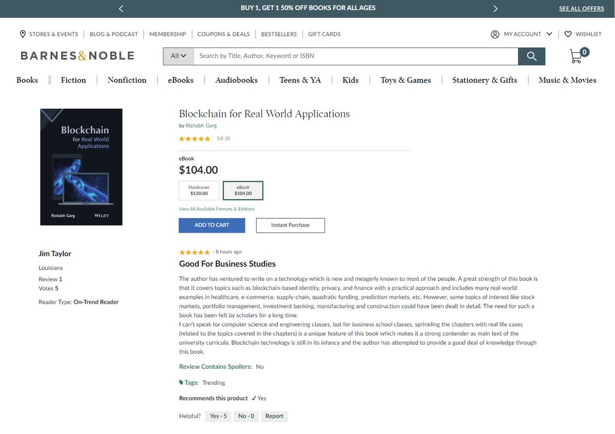 01 January 2023 | Rishabh Garg

I read some reviews on my Book, Blockchain for Real World ... @ Barnes &amp; Noble. These reviews precisely reflect the technical content of my books. Thank you readers for your kind appreciation and inspiring comments.

barnesandnoble.com/w/blockchain-f…