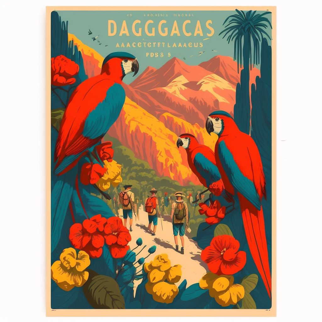 BearDublin's tweet photo. Retro travel posters featuring begonias macaws and hikers 🦜 #midjourneyAi #midjourneyV4 #midjourneyart #digitalart #retrotravel https://t.co/pPBDJQI9G9