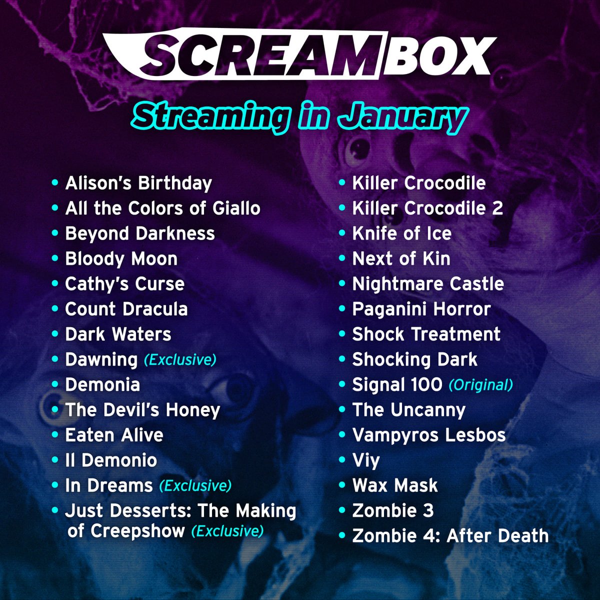 ScreamboxTV's tweet photo. These new titles are joining Screambox in January! What will you be watching?

Sign up now at https://t.co/NHaKPA84OF https://t.co/g7Zxy9tEzb
