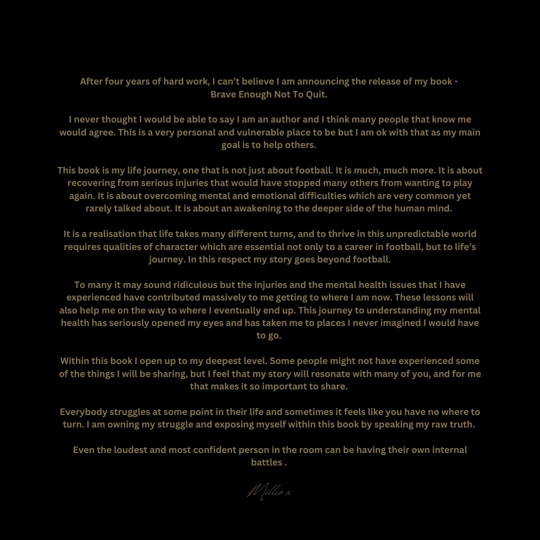 So pleased to be able to start 2023 by announcing the release of my book - Brave Enough Not To Quit. 

I would like to thank <a href="/PitchPublishing/">Pitch Publishing 📚 Sports Books</a> for believing in my story 📖

Thank you to <a href="/frankirby/">Fran Kirby</a> <a href="/EmileHeskeyUK/">Emile Heskey</a> 🙏🏼

LINK IN BIO TO PRE ORDER ⚽️

Coming February 13th ❤️
