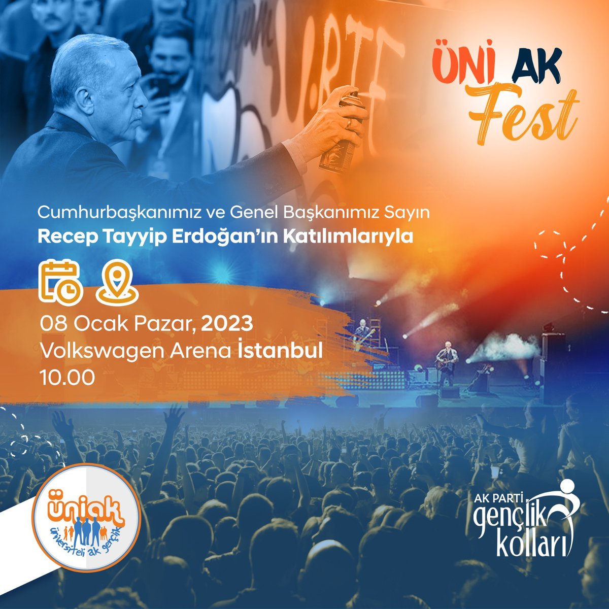 ÜniAK Fest 🎉
Cumhurbaşkanımız Sayın Recep Tayyip ERDOĞAN'ın katılımlarıyla 8 Ocak Pazar Günü İstanbul Volkswagen Arena ' da gerçekleşecek olan ve sürpriz sanatçılarında bulunduğu festivalimize hepiniz davetlisiniz. 🤩

Katılım sağlamak için DM 📩