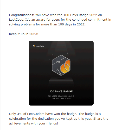_Shubham_18's tweet photo. Two Days and two back to back achievements at LeetCode.

1) 100 Days Badge 2022. An award for users for constantly solving problems in 2022.
 https://t.co/9QQLBrGkdu 

2) Dec LeetCoding Challenge

#LeetCode2022 #LeetCode #100DaysOfCode #100Devs #DSA #Java https://t.co/9kfqr2ip80