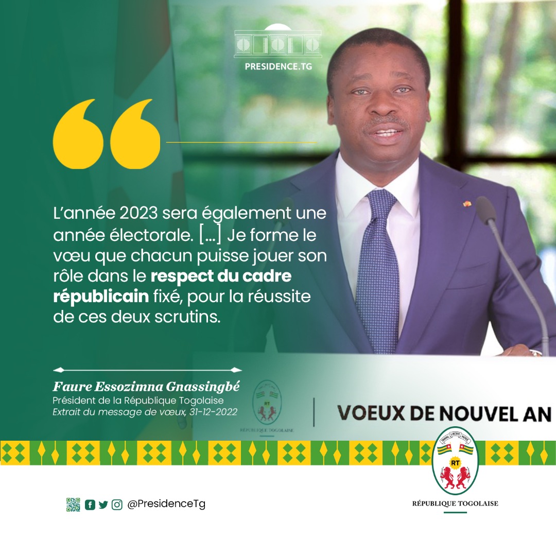 PresidenceTg's tweet photo. Le Président de la République, @FEGnassingbe s’est adressé, ce samedi 31 décembre 2022, lors du traditionnel message de vœux de Nouvel An à la Nation togolaise.
Retrouvez ci-dessous quelques extraits phares de ses propos en tweetercards. ⤵️⤵️
#DiscoursPRTG 🇹🇬🇹🇬🇹🇬
#Vœux2023 https://t.co/iVKZzF4M3C