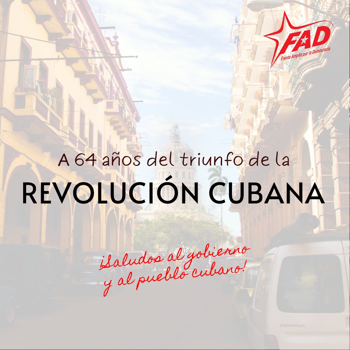 Enviamos saludos al pueblo en el 64° Aniversario de la Revolución Cubana. Un pueblo que lucha contra el imperialismo, con dignidad y valentía.

Desde Panamá, ¡sin luchas,  no hay victorias!

#1deEnero #CubaPanama #NoMasBloqueo #Solidaridad