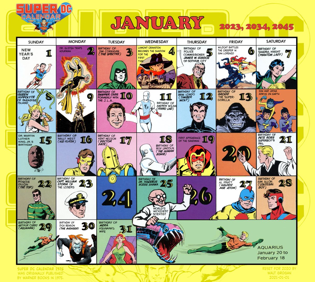 MarvelFamilyWeb's tweet photo. Here's January from the 1976 Super DC Calendar reset for 2023 with a few additions! Enjoy! https://t.co/MNoWfIliA7