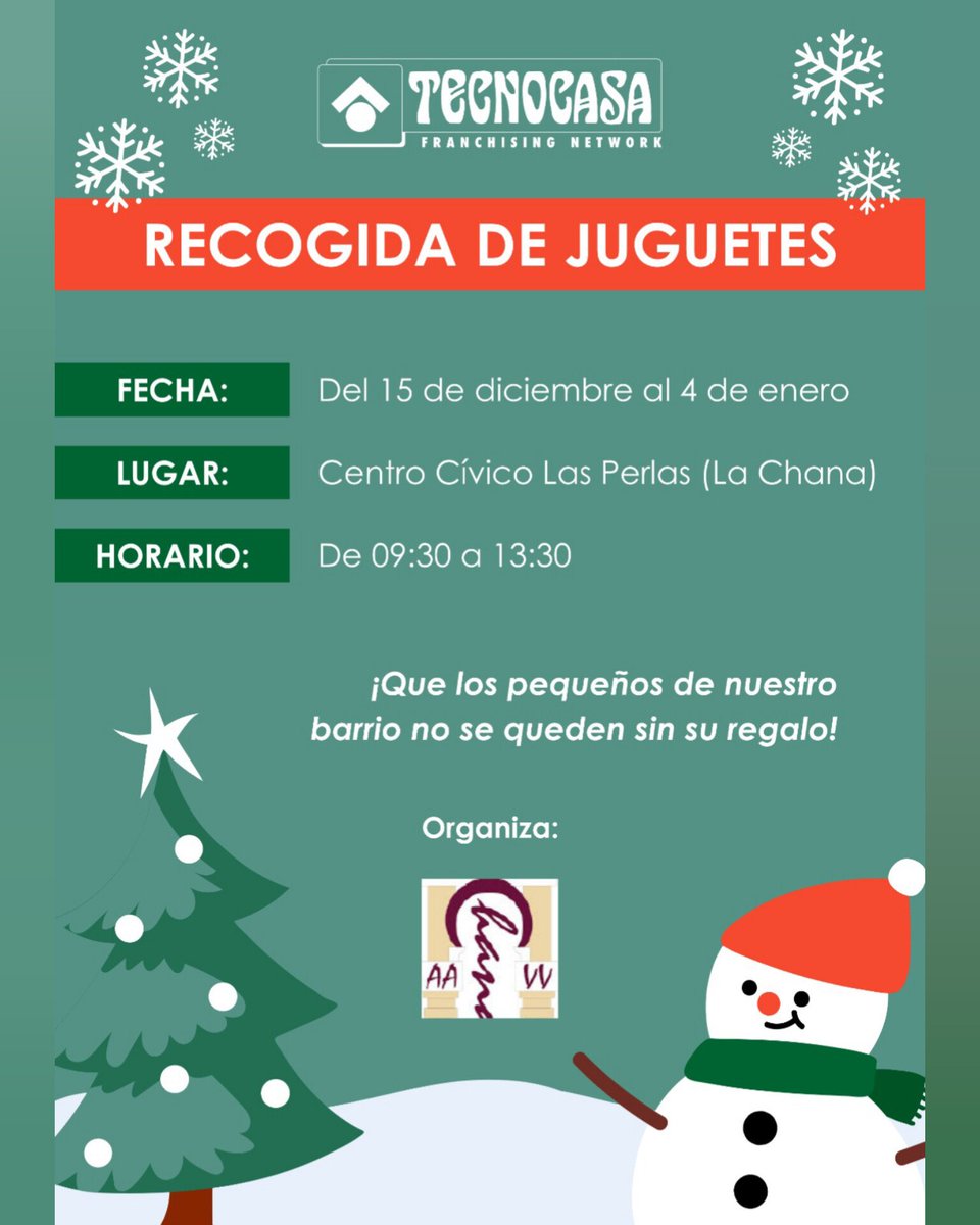 Recogida de Juguetes hasta el 4 de Enero en el Centro Civico de Las Perlas de 9:30 a 13:30.

¡¡¡Dona algún Juguete para los niños que más lo necesitan!!!

Colabora @tecnocasalachana