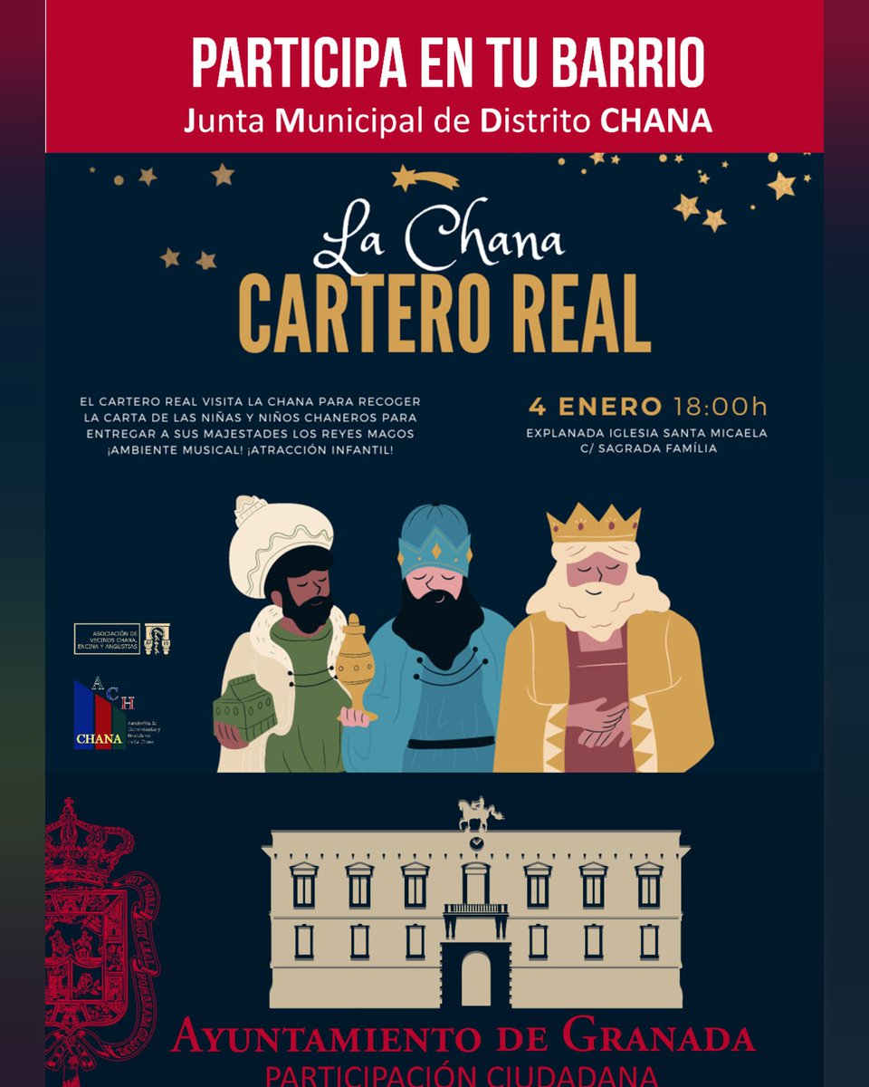 Cartero Real:

El Cartero Real visita la Chana para recoger la carta de los niños y niñas de La Chana para entregar a sus Majestades los Reyes Magos.

¡¡¡Ambiente Musical y Atracción Infantil!!

4 de Enero a las 18:00 en la Explanada de Santa Maria Micaela 
C/Sagrada Familia