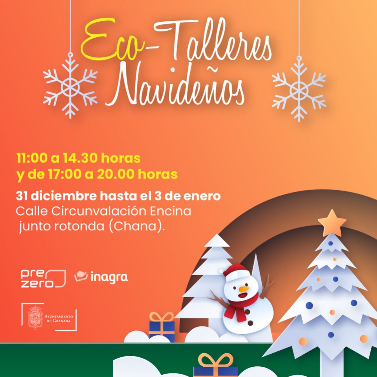 Eco-talleres Navideños

De 11:00 a 14:00 y de 17:00 a 20:00
Hasta el 3 de Enero
CIRCUNVALACIÓN DE LA ENCINA

Realizan <a href="/Granada_Limpia/">Granada limpia, que te quiero limpia</a> <a href="/aytogr/">Granada Ciudad</a> <a href="/PreZero_ES/">PreZero España</a>