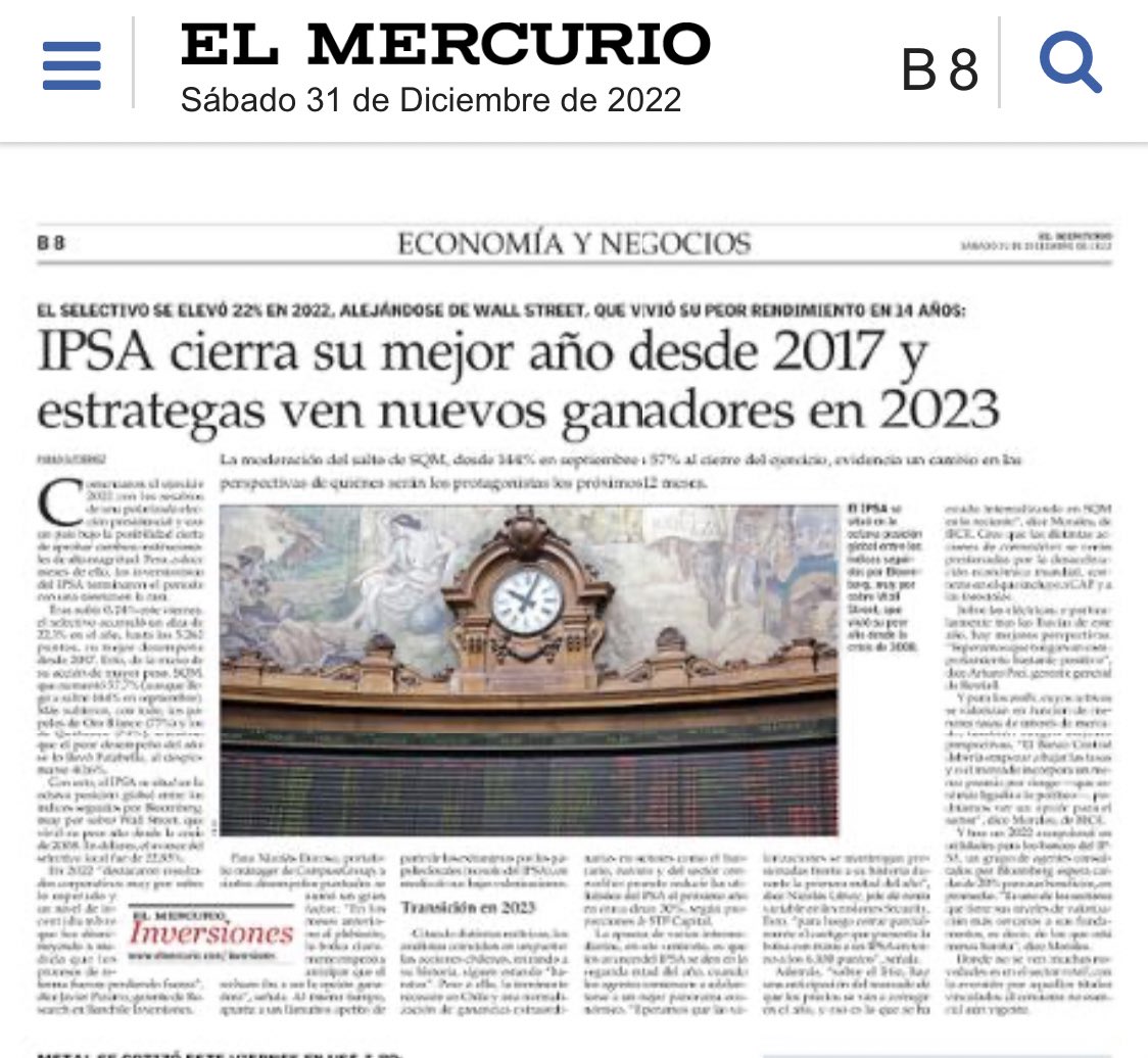 Bolsa de Santiago cierra su mejor año desde 2017.

- Noticias que no fueron ni serán noticia.