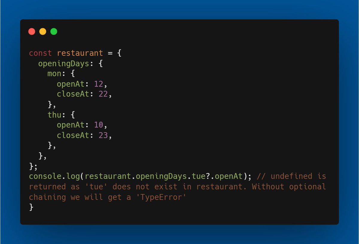 HussainGagan10's tweet photo. Javascript TIP💡:
You are not sure whether the intermediate property exists in the object. 
So, you can use optional chaining (?.) which allows you to access a deeply nested property of an object without having to check whether the intermediate objects are null or undefined. https://t.co/fiQQxQYr0T