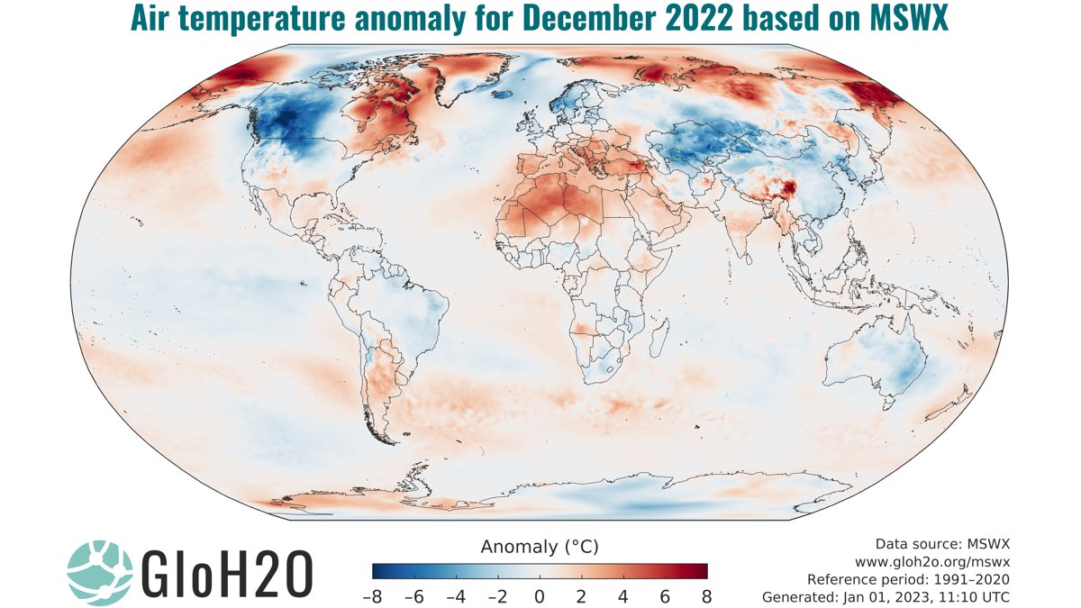 The global average air temperature for December 2022 was 0.25 °C above the 1991–2020 average.