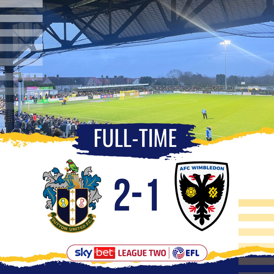 suttonunited's tweet photo. FT | 

Happy U Year!!!! 💛

Omar Bugiel makes it a great start to 2023 turning South-West London Amber with our second win in the league over locals AFC Wimbledon in-front of a full VBS. Get in there!!

Reaction to follow.

#suttonunited https://t.co/6doBDRt4u7