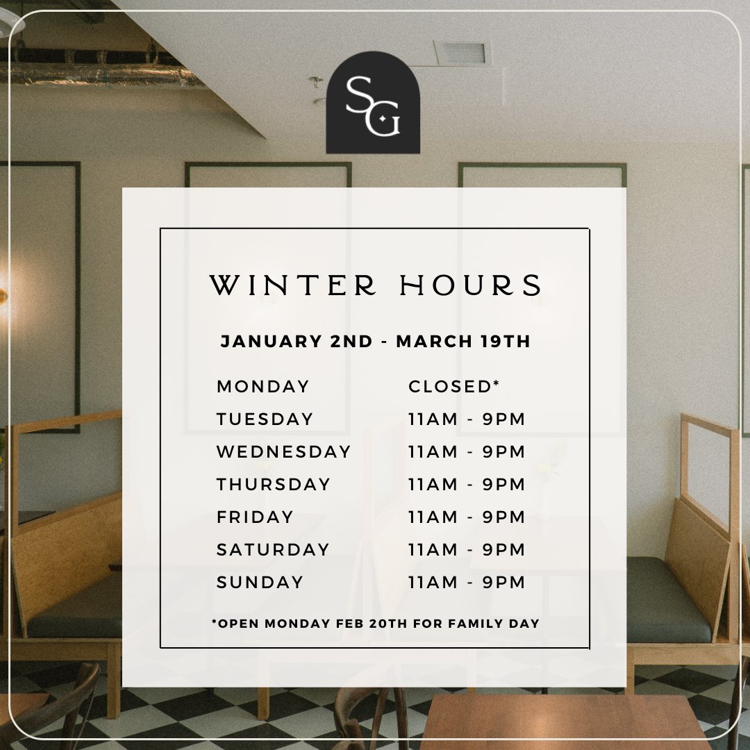 Happy New Year friends! Starting Monday, January 2nd until Sunday, March 19th we will be open 11AM - 9PM, Tuesday through Sunday. Although we are closed on Mondays until Spring Break, we will open for Family Day on February 20th.