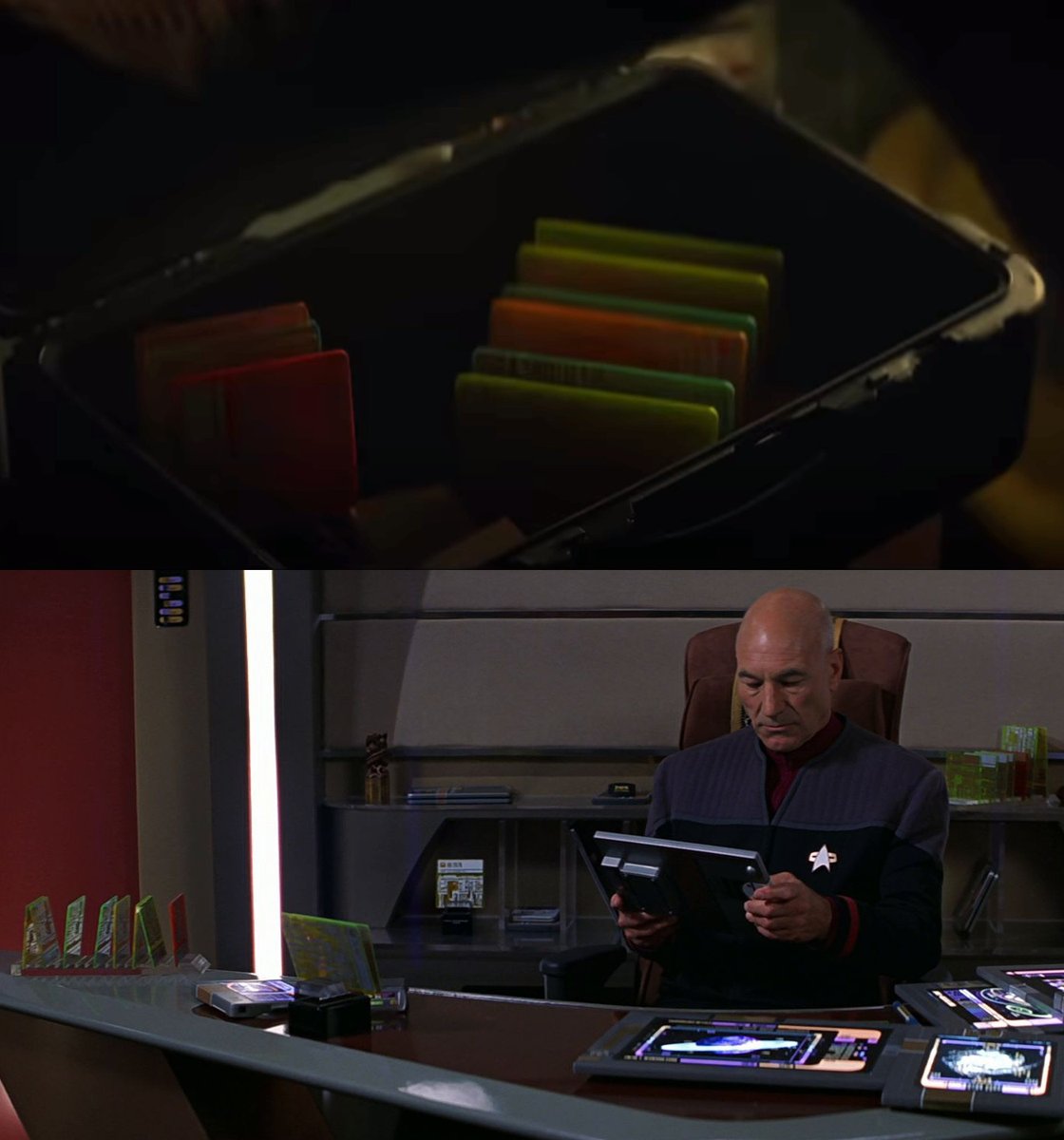 gaghyogi49's tweet image. While large colorful LCARS isolinear optical chips (like the ones seen in the #StarTrekPicard season 3 sneak preview ⬆️) were seen in all 3 TNG films featuring the USS Enterprise-E, they were never seen more prominently than in Picard's ready room in "Star Trek: Insurrection"⬇️.