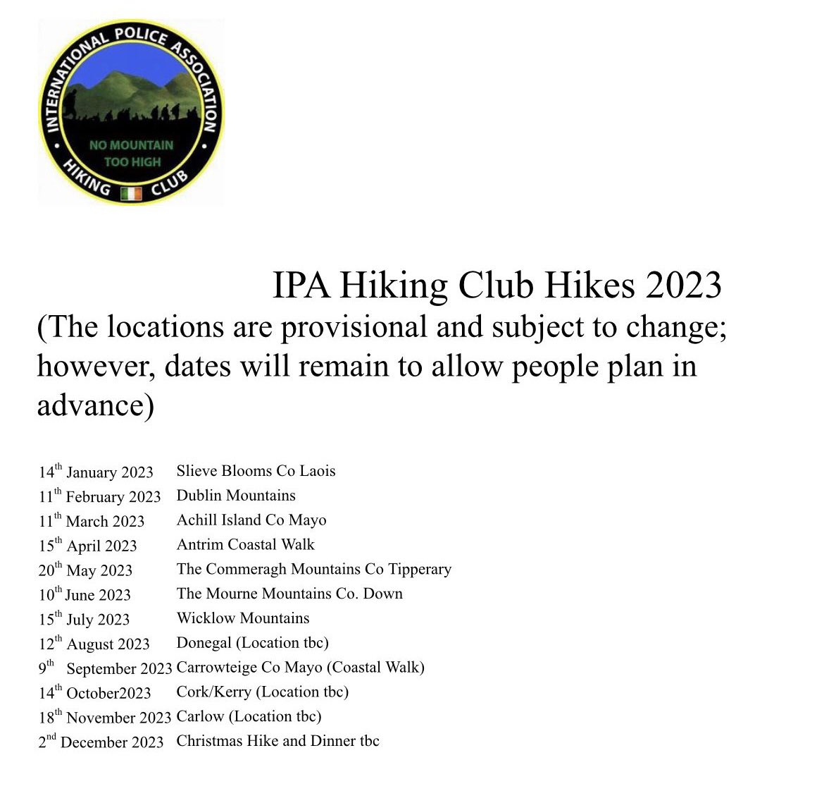 IpaHiking's tweet photo. Happy New Year to all our members and we’re looking forward to welcoming more in 2023. Our years list of hikes and dates are attached. See you in the Slieve Blooms on the 14th. #hiking #friends #ipahikingclub #ipaireland https://t.co/yU60SseRoe