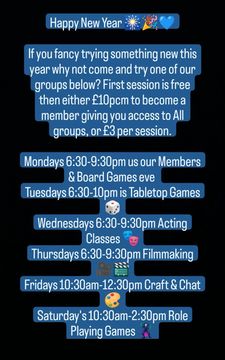 Create_Oldham's tweet image. Happy New Year! 🎇

Fancy trying a something new in 2023 why not have a free taster session at one of our groups?

Hack Oldham 💙

#hackoldham #communitygroups #actingclasses #crafting #roleplaygames #boardgames #Filmmaking #fun #happynewyear2023 #photooftheday