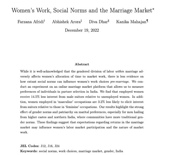 _alice_evans's tweet photo. India is caught in a “patrilineal trap”

Loving mothers care for their sons at home, who then become accustomed to female care-givers and seek to marry housewives.

Employee women are penalised in the marriage market https://t.co/Di9jWoRd1u superb paper by @diva_dhar @kanmahajan https://t.co/AS93236U2I