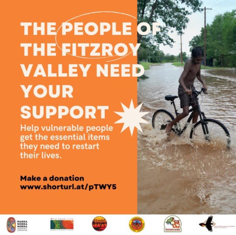 GIVE NOW! Big floods are devastating communities across the Fitzroy Valley, Kimberley. ❤️💛🖤

👉🏾 Via MWRC website: mwrc.com.au/pages/donations
👉🏾 Via Leedal Facebook Fundraiser: shorturl.at/pTWY5

RT to spread the word 🙏🏾

#fitzroycrossing #kimberleyfloods