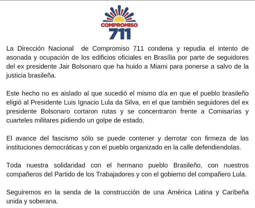 fcarballo711's tweet photo. Solidaridad con el Pueblo Brasileño y el Presidente Lula . Condenamos y repudiamos el intento fascista . 
#brasilia #Uruguay #compromiso711 https://t.co/URBNzPTjPS