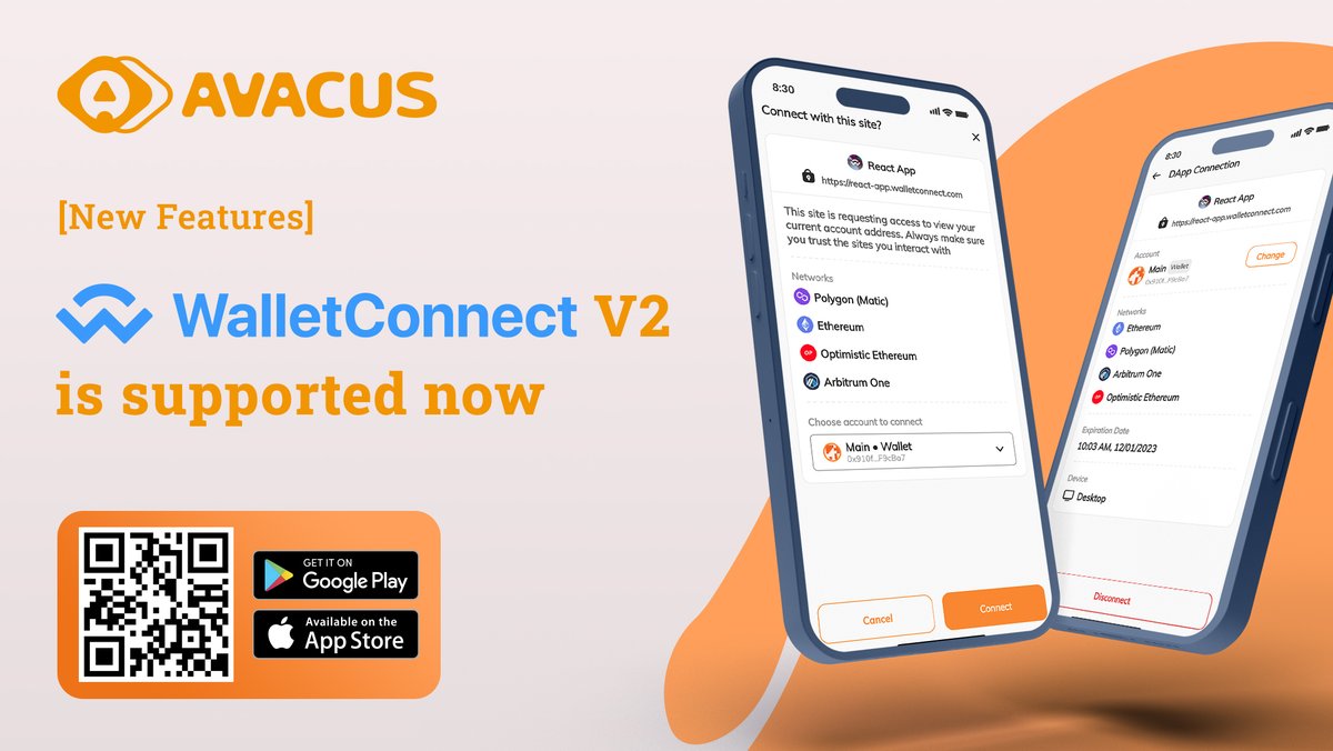 SystemAvacus's tweet photo. 😎#Avacus is one of the first wallets to new support @WallectConnect V2 (from V1). Now users can easily interact with #Dapps using the #WalletConnect. 
🥳Upgrade Avacus (6.2.0) and experience the new things! https://t.co/VBLE210l9F