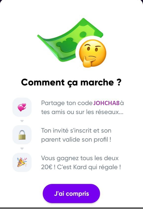 GAGNER 20 Euros en 5 MINUTES kard.eu
Inscrivez vous en tant qu'ado avec le code JOHCHA8 ensuite votre parent valide son inscription et vous gagnez 20 Euros magic