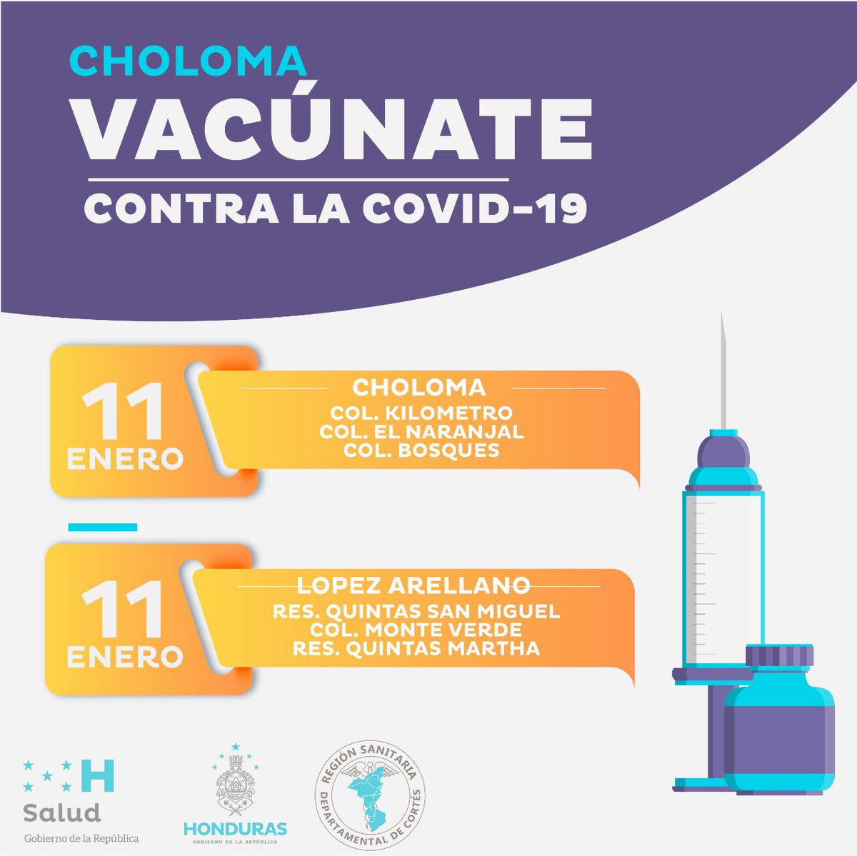 RSD_CORTES's tweet photo. Brigadas de despliegue de vacunación COVID-19 en el municipio de Choloma, Cortés del 09 al 13 de enero 2023.Además asistí al establecimiento de salud más cercano, seguí protegiéndote y a tu familia. Inicia o completa el esquema de vacunación. 
Las vacunas son gratis y seguras. https://t.co/qtKHufgne8