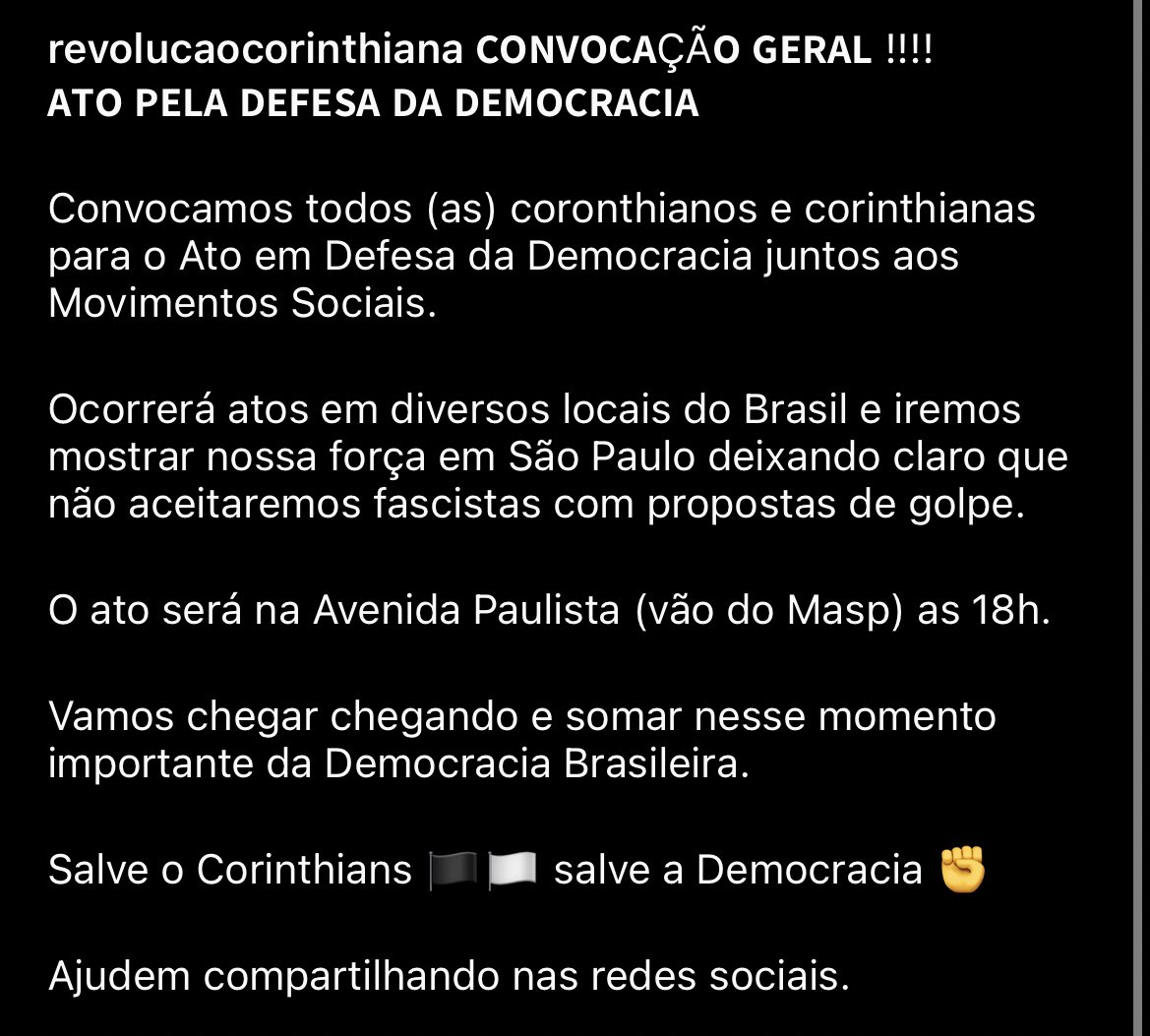 <a href="/Vivimarques88/">Cesar Marques</a> Fiel quartel? Gaviões da fiel e todas outras torcidas corintianas são totalmente contra Bolsonaro e estarão amanhã no masp em sp
