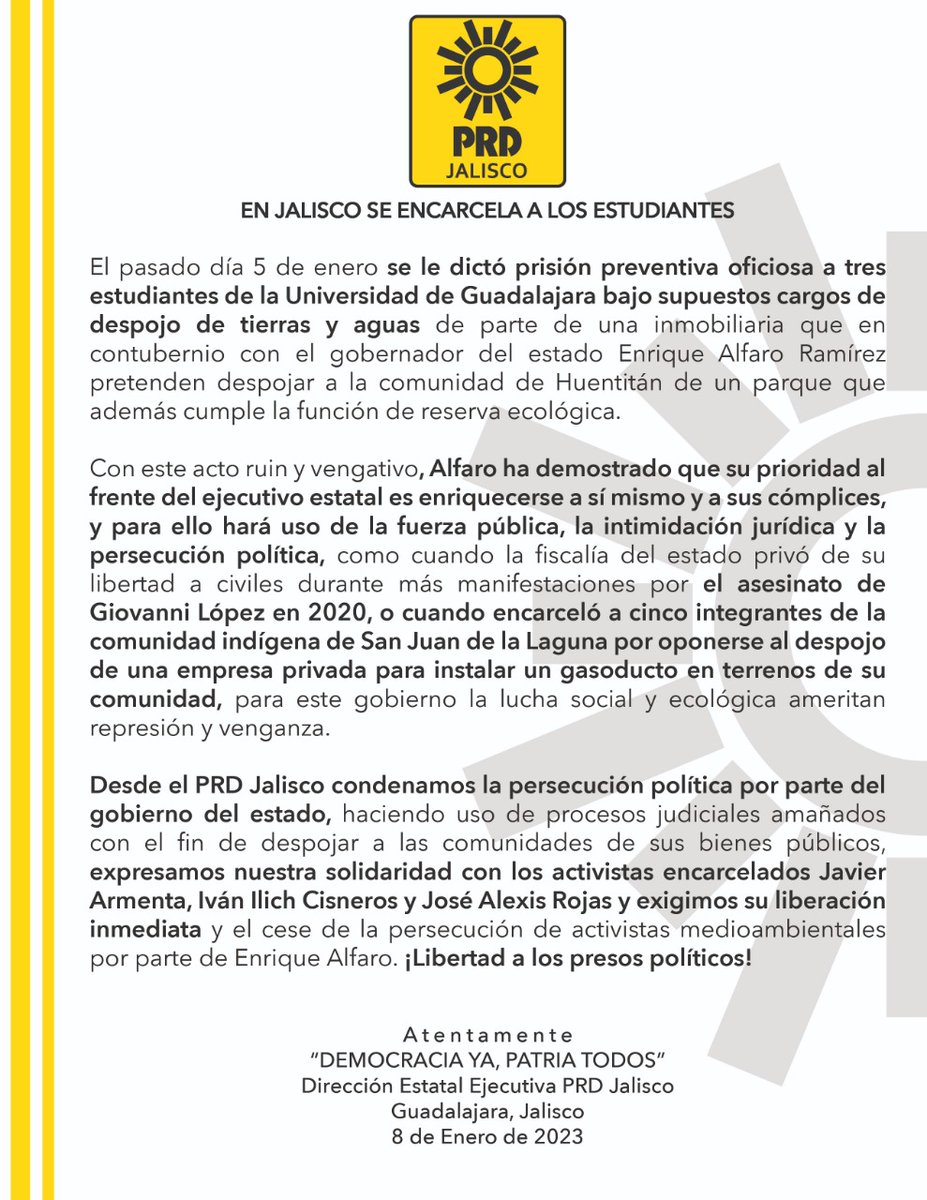 Para este Gobierno la lucha social y ecológica ameritan represión y venganza.
¡Exigimos la libertad de Javier, Iván y Alexis, ellos defienden un parque qué es propiedad del pueblo no de Enrique Alfaro Ramírez !

#SonEstudiantesNodelincuentes