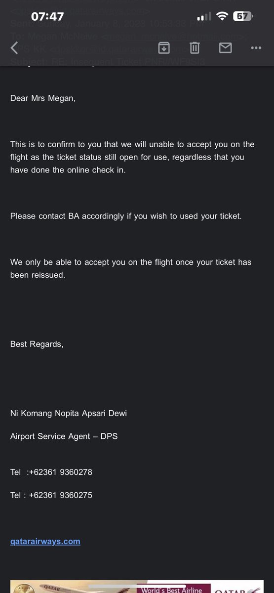 Imagine paying for a flight &amp; checking in and receiving an email less Than 24hrs before your flight as below… and you and your partner both have work and are now being refused flight. <a href="/qrsupport/">Qatar Airways Support</a> <a href="/British_Airways/">British Airways</a>