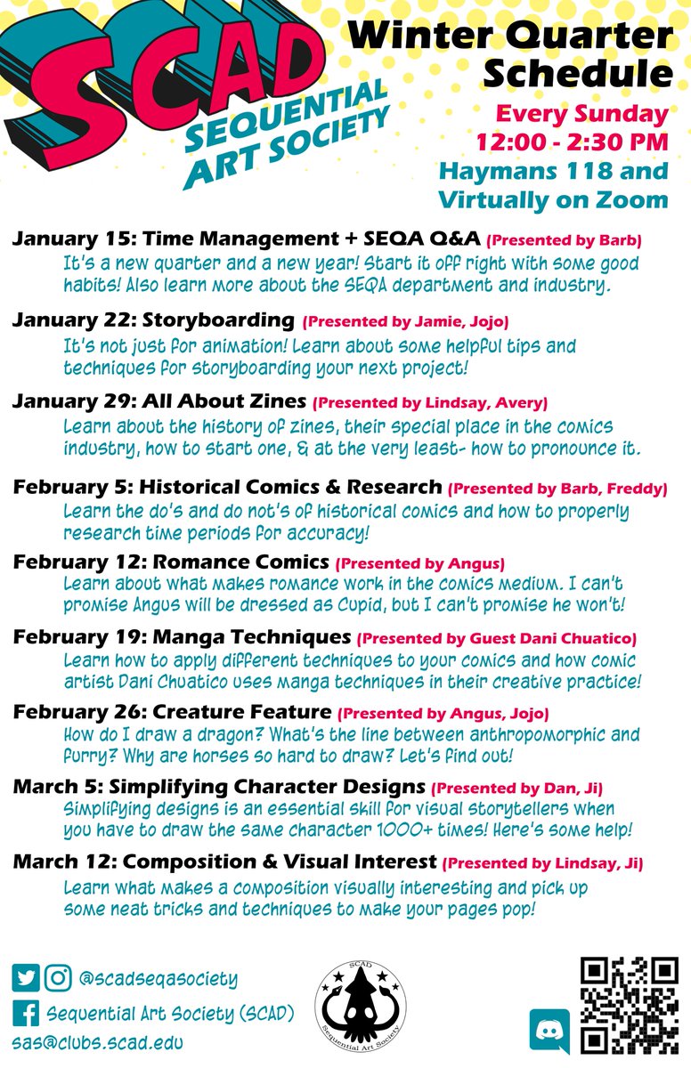 scadseqasociety's tweet photo. Hey everyone! Here is our schedule for Winter Quarter! Hope to see y'all there! https://t.co/ifFeDPbiJq