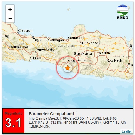 bmkgjogja's tweet photo. Info Gempa Mag:3.1, 09-Jan-23 05:41:06 WIB, Lok:8.00 LS,110.42 BT (13 km Tenggara BANTUL-DIY), Kedlmn:18 Km ::BMKG-KRK https://t.co/pMODy9uVqK