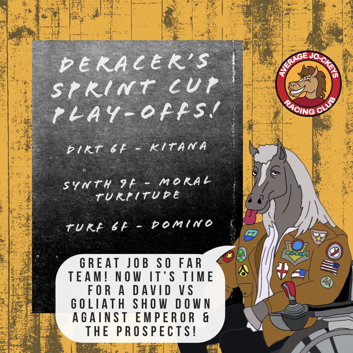 Playoffs! 🏆🏆

Here’s our line up vs <a href="/DeracersP/">DE Prospects</a> 

Ready to take town Emperor &amp; Co. 🐎 🏆🚀

#SprintsCupSeason1
#NFT #Metaverse #Crypto #blockchain #DeRace #horseracing