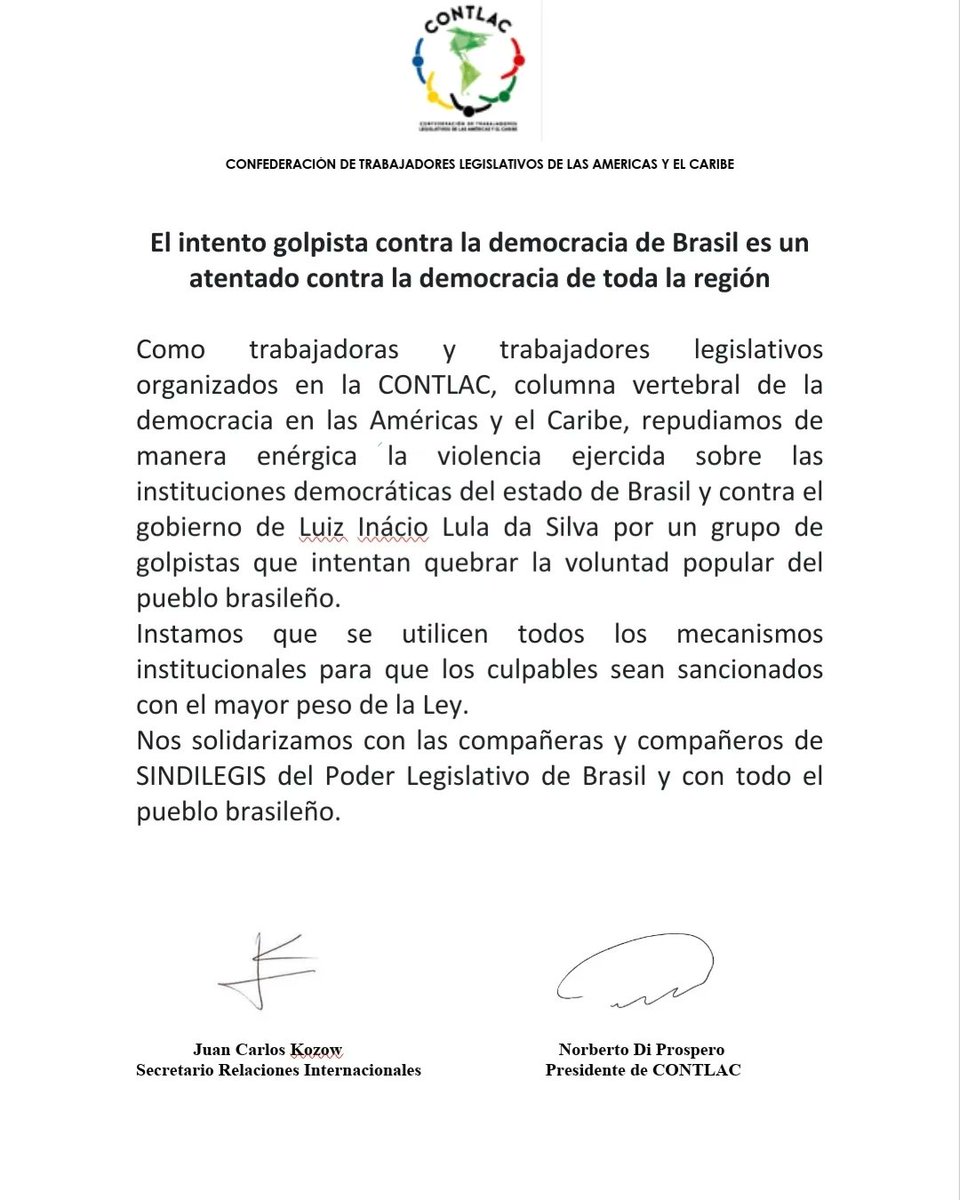 contlac_ok's tweet photo. Comunicado 🇧🇷:
PT: A tentativa de golpe contra a democracia no Brasil é um atentado contra a democracia em toda a região
ES: El intento golpista contra la democracia de Brasil es un atentado contra la democracia de toda la región.
@Diprosperoaplok
#Brasil #Lula #Brasilia https://t.co/89why5dypX